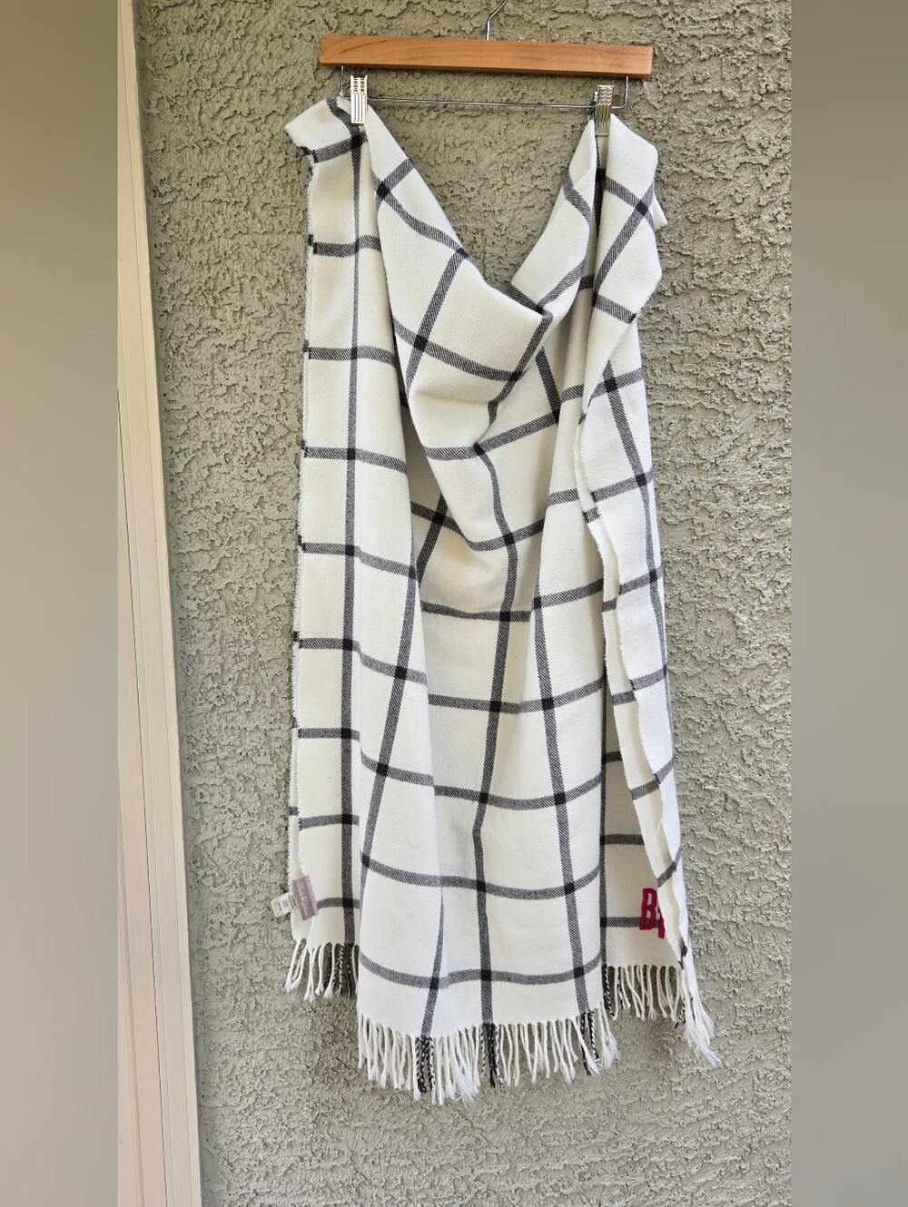 Marks & Graham Plaid Fringe Blanket Scarf - Cream & Gray BAI Monogram